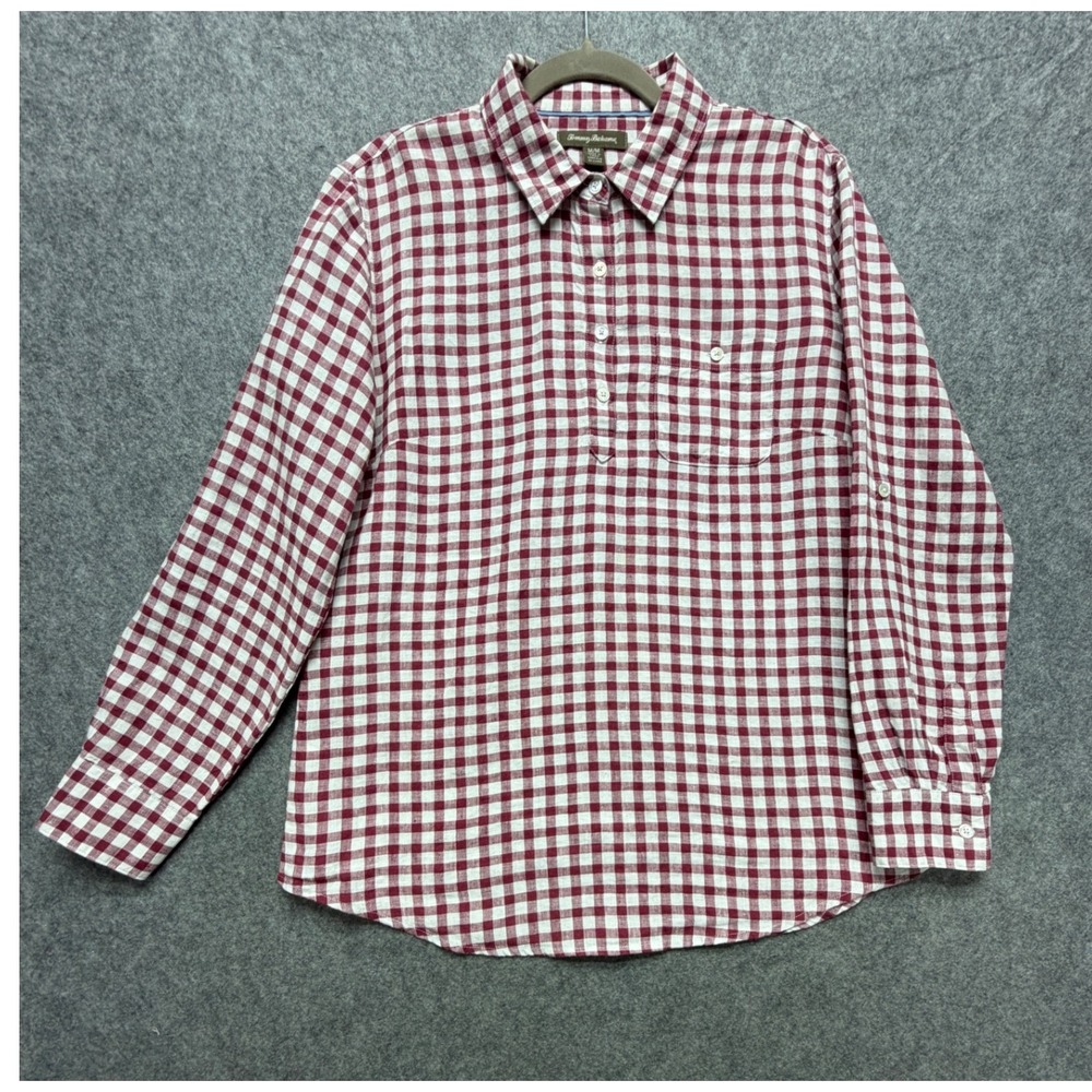 Tommy Bahama Womens Medium Linen Gingham Tunic Shirt Burgundy White Long Sleeve